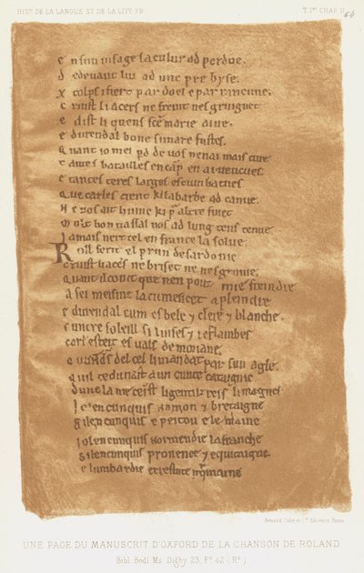 Een pagina uit het Oxford-manuscript van het Lied van Roland (kleur litho) door French School