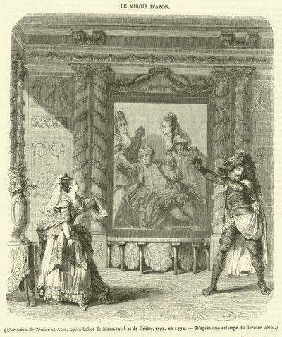 Een scène uit Zemire en Azor, opera-ballet van Marmontel en Gretry, opgevoerd in 1771 door French School