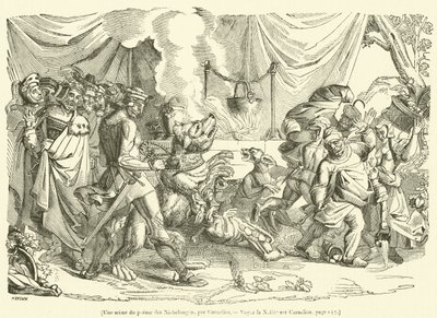 Une scène du poeme des Niebelungen (gravure) door French School