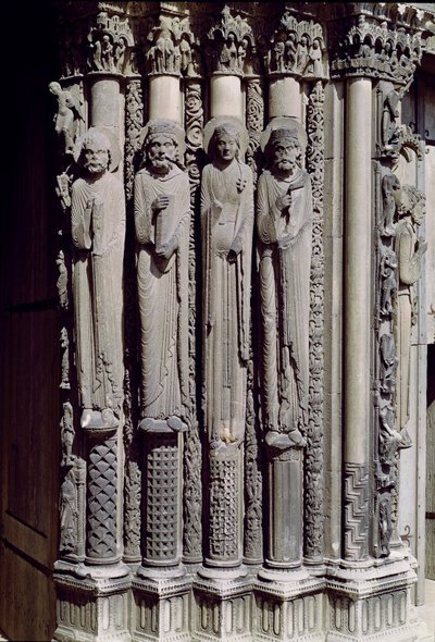 Onbekende figuur, koning Salomo, de koningin van Sheba en koning David, jambfiguren van het Koninklijk Portaal, 1140-55 door French School