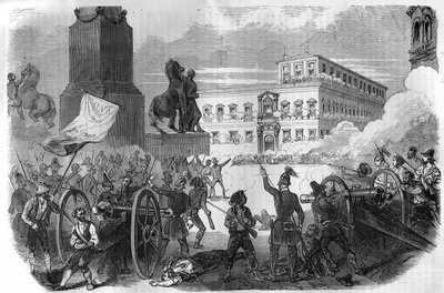 Opstand in Bologna: omverwerping van de pauselijke regering onder Gregorius XVI Paus van 1831 tot 1846. Gravure in 