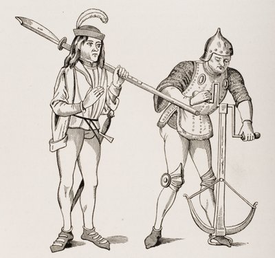 Knecht of schildknaap met een dikbladige hellebaard en een boogschutter die een kruisboogkoord spant met een dubbelhandige lier, naar een 15e-eeuwse miniatuur, uit Le Moyen Age et La Renaissance door Paul Lacroix door French School