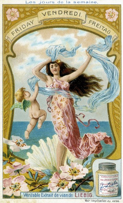 Venus illustreert vrijdag. Liebig chromolithografische reclamekaart door French School