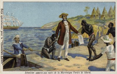 Victor Schoelcher brengt nieuws van hun vrijheid aan de slaven van Martinique door French School