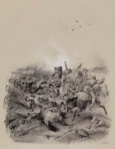 Overwinning van de Zwitsers op de Oostenrijkers onder leiding van Hertog Leopold I in de Slag bij Morgarten door French School