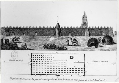 Zicht en plan van de grote moskee in Timboektoe, uit Journal d