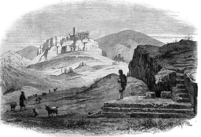 Uitzicht op Pnyx, heuvel van Athene ten westen van de Akropolis met uitzicht op de oude Agora. Gravure naar een tekening van M.F. Sargeais in 