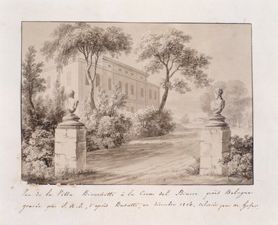 Uitzicht op Villa Bianchetti in Croce del Biacco nabij Bologna, gegraveerd door S.A.I. naar Busatti, ingekleurd door M. Hofer, december 1814 (ingekleurde gravure) door French School