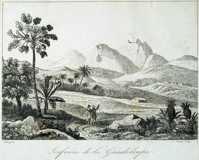 Uitzicht op een soufrière in Guadeloupe. Gravure uit de 19e eeuw. Chartres, Musee des Beaux Arts door French School