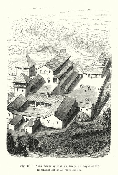 Merovingische villa uit de tijd van Dagobert I, reconstructie door M Viollet-le-Duc door French School