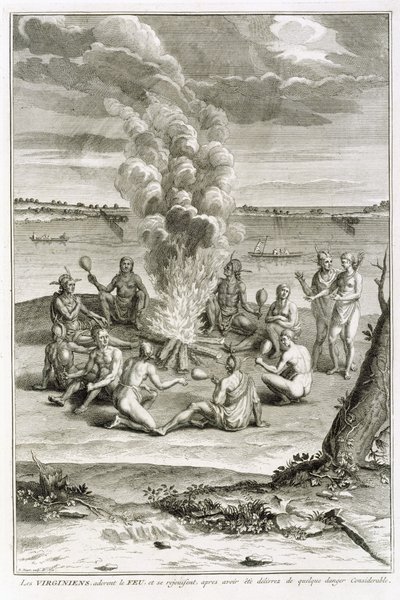 Virginians die Vuur Aanbidden en Vreugde hebben na Bevrijding van Aanzienlijk Gevaar, illustratie uit Religieuze Ceremoniën en Gebruiken, gegraveerd door Bernard Picart (1673-1733) 1721 door French School