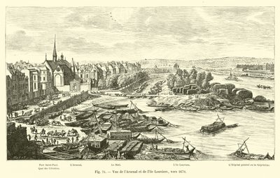 Uitzicht op het Arsenaal en het eiland Louviers, rond 1670 door French School