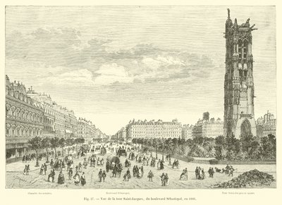 Zicht op de Saint-Jacques toren, vanaf de boulevard Sébastopol, in 1866 door French School
