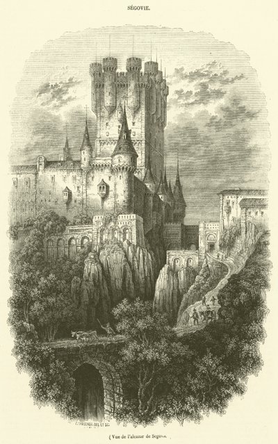 Gezicht op het Alcázar van Segovia (gravure) door French School