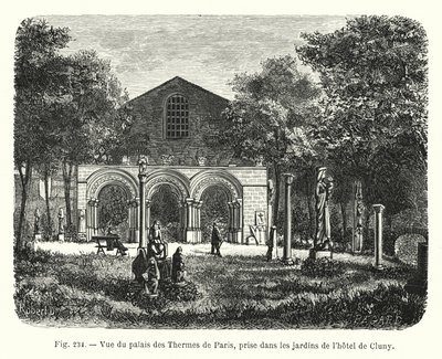 Uitzicht op het paleis van de Thermen van Parijs, genomen in de tuinen van het hotel de Cluny door French School