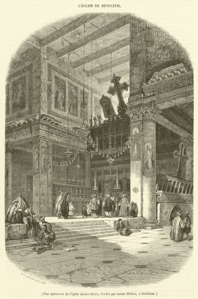 Binnenaanzicht van de kerk Sainte-Marie, gesticht door heilige Helena, in Bethlehem door French School
