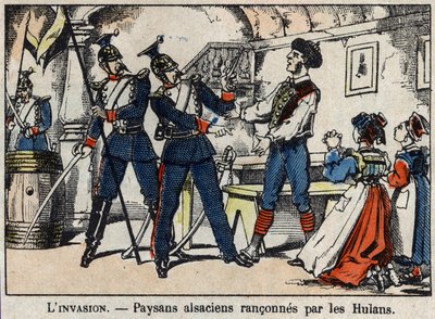 Oorlog van 1870 tussen Frankrijk en Pruisen: Elzassische boeren beroofd door de Hulans (Uhlans, Houlans) afbeelding van Epinal. door French School