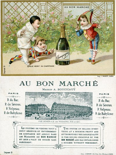 Wat een geluk! een fles champagne; voor- en achterkant van een promotiekaart voor de Bon Marché warenhuizen in Parijs, c.1895 door French School