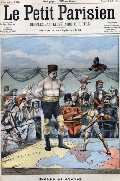 Wit en Geel (cartoon over de Russisch-Japanse oorlog: landen zoals Frankrijk, VS, China... kijken naar Japan en Rusland die boksen). Omslag Le petit Parisien van 3 april door French School