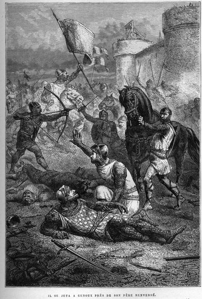 Willem I wordt gewond door zijn zoon Robert tijdens gevechten in Frankrijk, 1076 - Opstand van Robert Courteheuse door French School