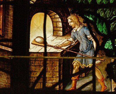 Raam Charnier-13 met de bakkers aan het werk en een scène van Abraham bezocht door 3 engelen door French School