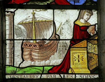 Raam met vrouwelijke schenker en een boot door French School