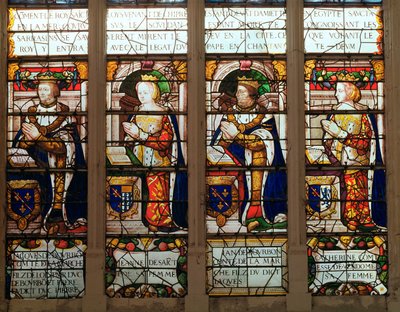 Raam met Jacques de Bourbon (1315-61) Graaf van de Marche, Jeanne de Chatillon-Saint-Pol (overleden 1371) Jean I de Bourbon (1361-94) en Catherine, Gravin van Vendome door French School