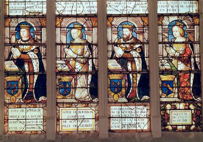 Raam met Louis de Bourbon (1465-1520) Prins van La Roche-sur-Yon, Louise de Bourbon (overleden 1561) Gravin van Montpensier, Louis II de Bourbon (1513-82) Hertog van Montpensier en Jacquette de Longwy door French School