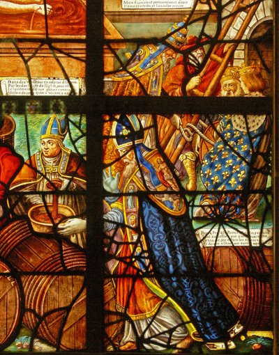 Raam in het Charnier (w.11) met een detail van de Mystieke Wijnpers door French School