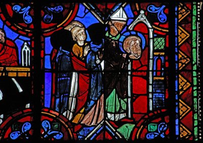 Raam w06 met het verhaal van St. Julianus van Brioude - de dood van St. Ferreol, een vriend van Julianus, die stierf tijdens de vervolgingen van Diocletianus; zijn relieken worden overgebracht door French School