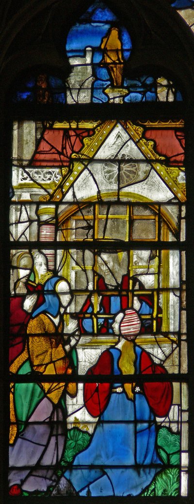 Raam w119 met een scène uit het leven van St. Thomas: St. Thomas in de gevangenis wordt bezocht door prinses Migdomie; Venetiaans glas door French School