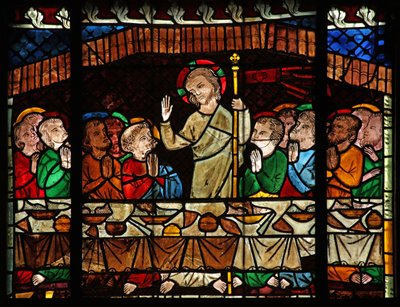 Venster w14 met Christus verschijnt aan de verzamelde apostelen zoals bij het Laatste Avondmaal door French School