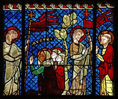 Venster w14 met Christus verschijnt aan de vrouwen en Sint-Petrus door French School