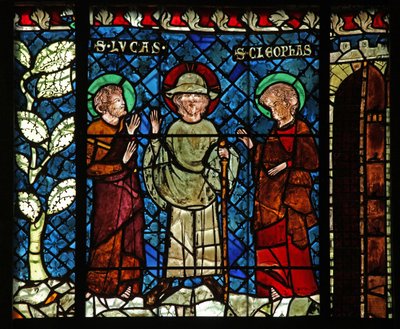 Venster w14 met de ontmoeting met Christus op de weg naar Emmaüs: Sint-Lucas en Sint-Cleophas door French School