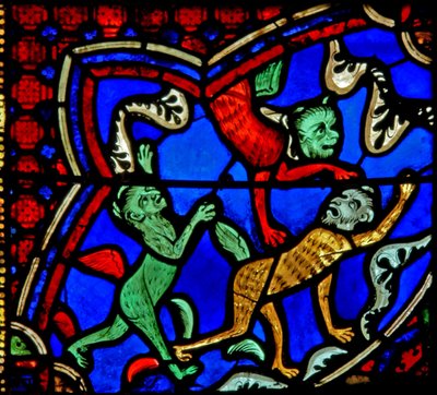 Raam w18 met St. Jacobus en demonen die helemaal opgewonden raken door French School