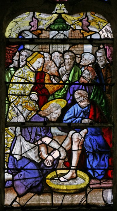 Raam met Christus wast de voeten van zijn discipelen door French School