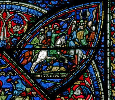 Raam w21 met een scène uit het leven van St. Eustache: hij sluit zich aan bij het leger: doet mee aan de strijd door French School