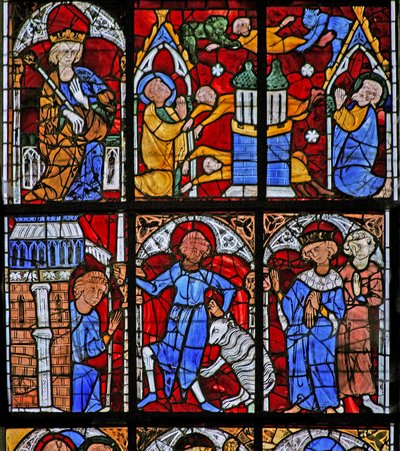 Raam w221 met een scène uit het leven van St. Peter: Simon Magus probeert te vliegen; verandert zichzelf in een schaap door French School