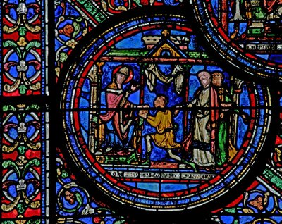 Raam w23 met St. Thomas Becket die een bericht van de koning ontvangt door French School