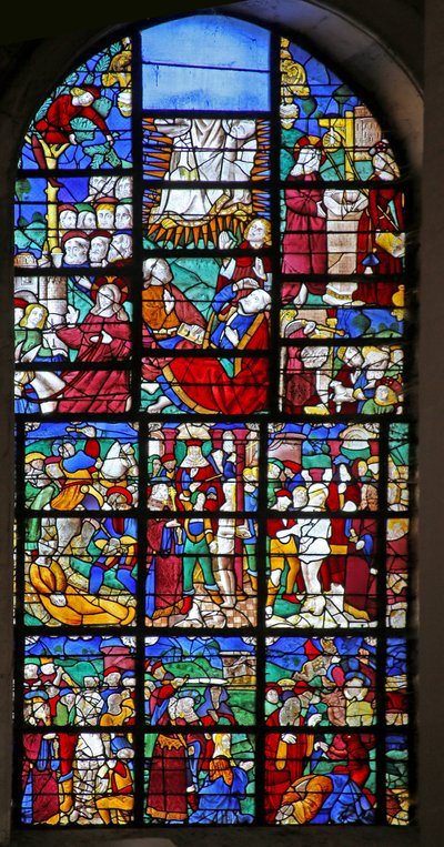 Raam w27 met scènes uit het leven van St. Barbara, en van de Passie en de Transfiguratie door French School