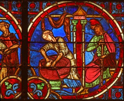 Ruit w2 met de geboorte van Christus met vroedvrouwen door French School