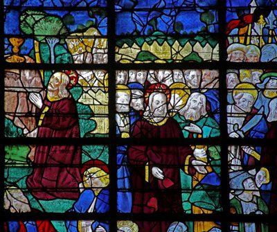 Raam w31 met Passiescènes: Gethsemane en de Opstanding door French School