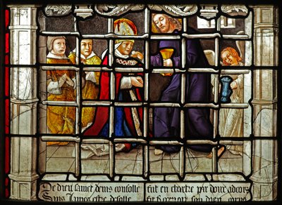 Raam w31 met een scène uit het leven van St. Denis: ontvangt de communie van Christus in de gevangenis door French School