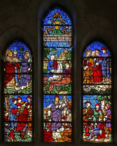 Raam w38 met Christus die predikt en de opwekking van Lazarus door French School