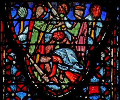 Raam w4 Gods soldaat verschijnt aan Jozua die op de grond valt. Jozua V:13-16 door French School