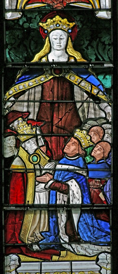 Raam w4 met de Maagd Maria als Beschermer, Paus Paulus II en Koning Lodewijk XI door French School