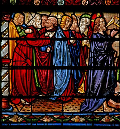 Raam w6 met Christus met de apostelen terwijl Lazarus uit de dood wordt opgewekt door French School
