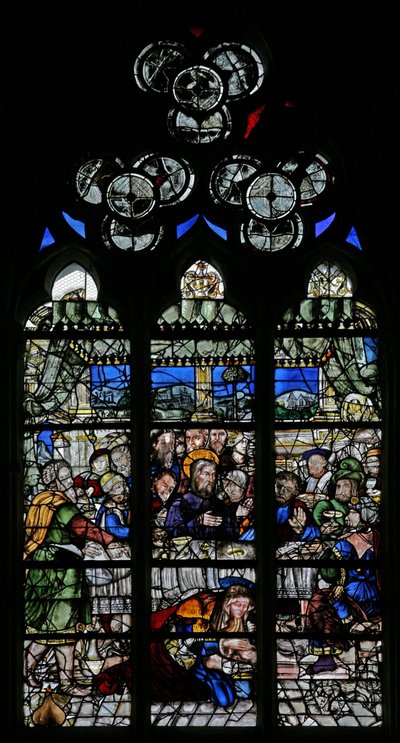 Raam w9 met de gebeurtenissen in Simons huis: Maria Magdalena wast de voeten van Christus door French School
