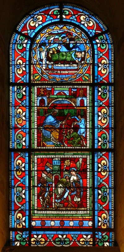 Raam wXVIII met 3 panelen toegeschreven aan de Ascension Meester: een slapende koning; Pilatus die zijn handen wast; St. Petrus die door een engel uit de gevangenis wordt geleid door French School