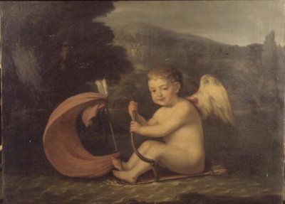 Gevleugelde Cupido, zeilend in een boot met kokerromp en pijlmast, ca.1800 door French School